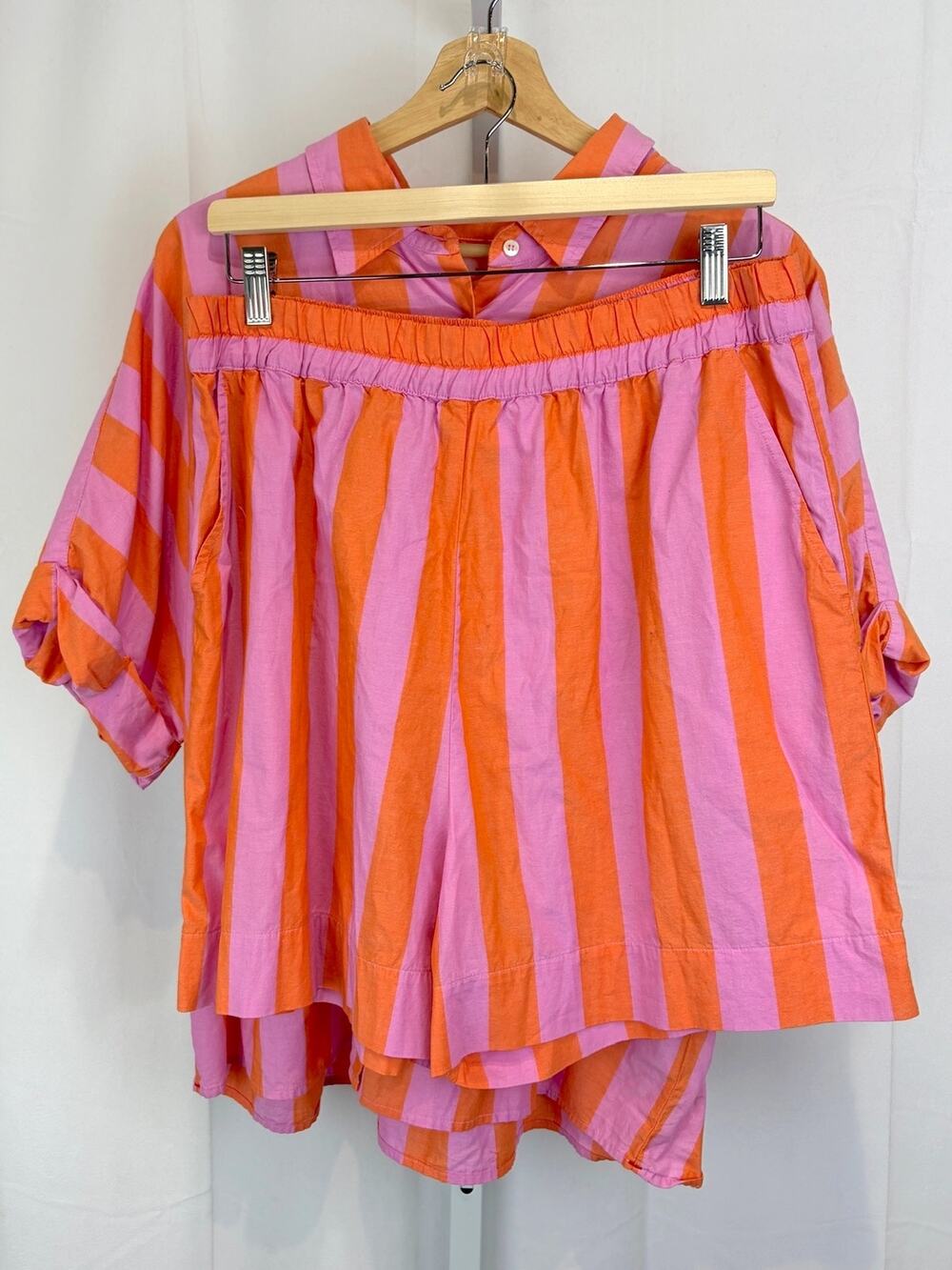 XIRENA Pomelo Stripe Two Piece Set Teddy Shirt Caysen Shorts Pink Orange Size XL